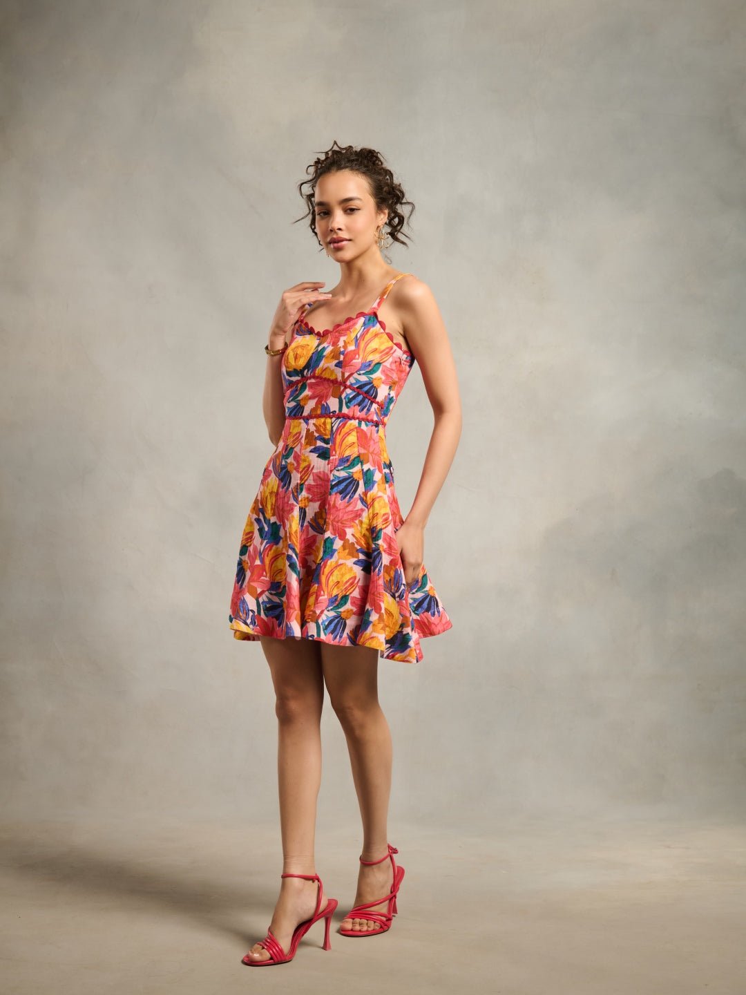 Red Tropical Print Fit and Flare Mini Dress