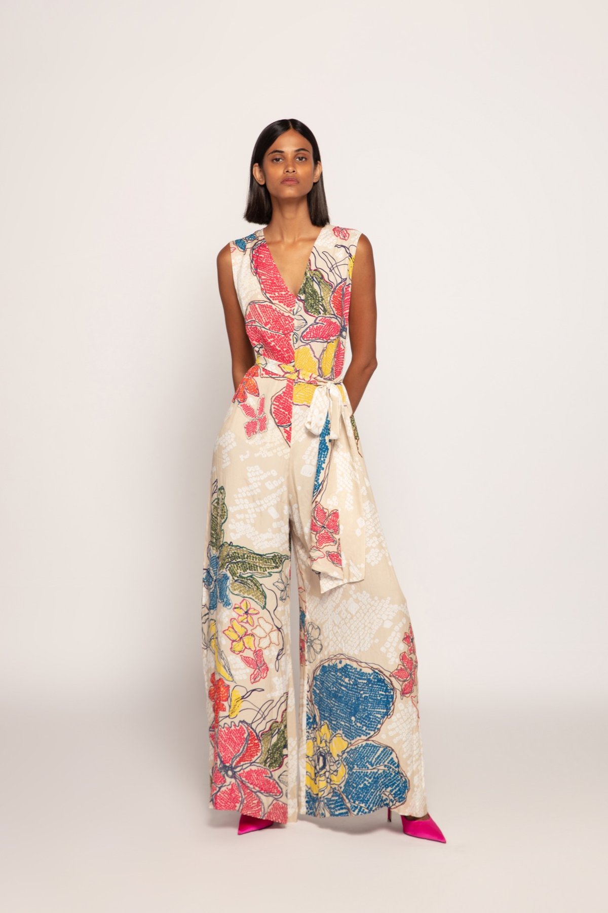 Ivory Printed Satin Wide-Leg Jumpsuit With Detachable Belt
