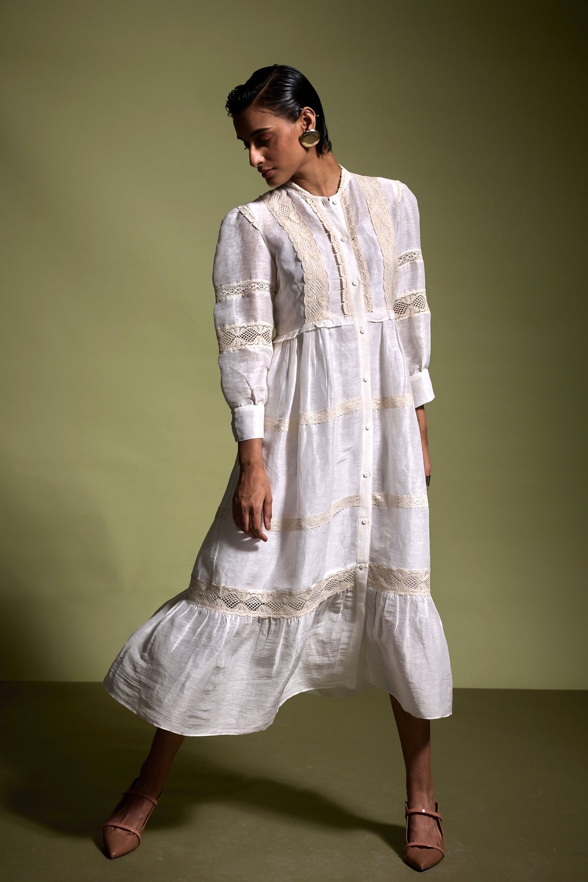 White Tiered Button-Down Midi Dress with Lace Details