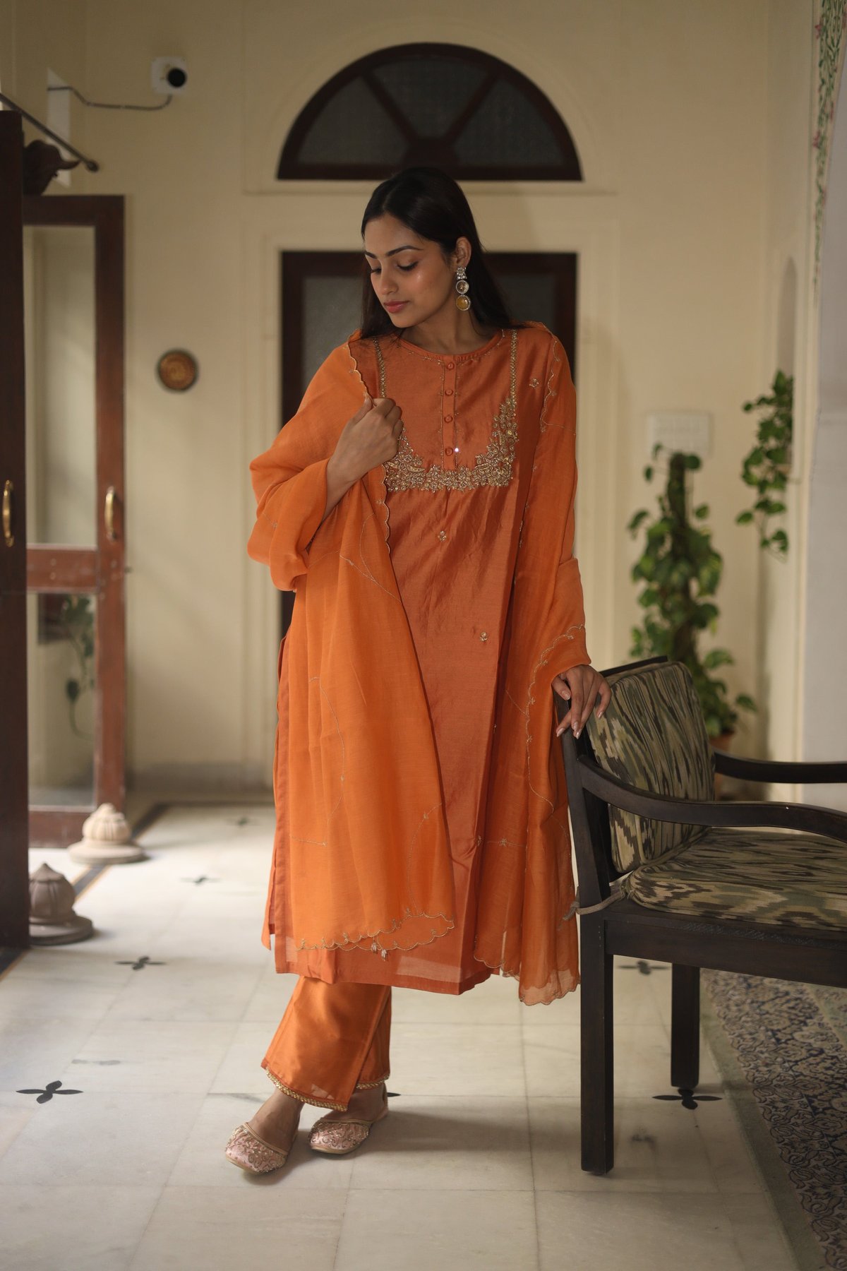 Rust Orange Zardozi Work Silk Chanderi Suit Set