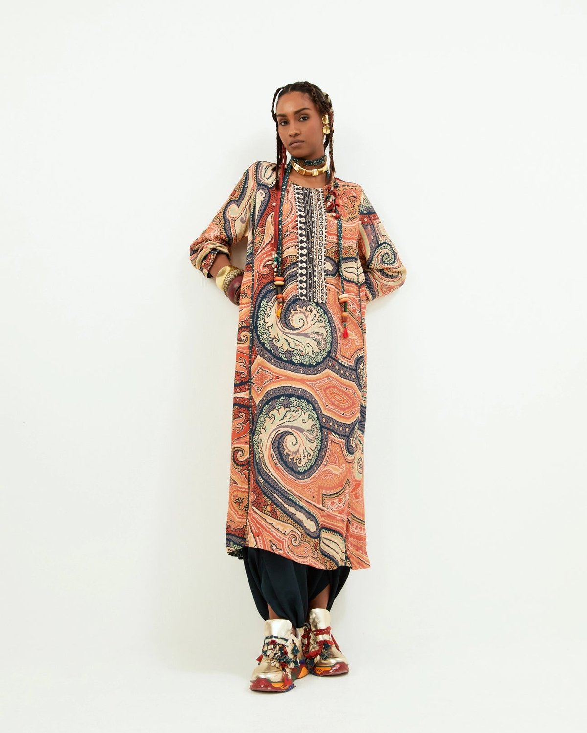 Multicolor Printed Straight Kurta Set with Tassel Yoke
