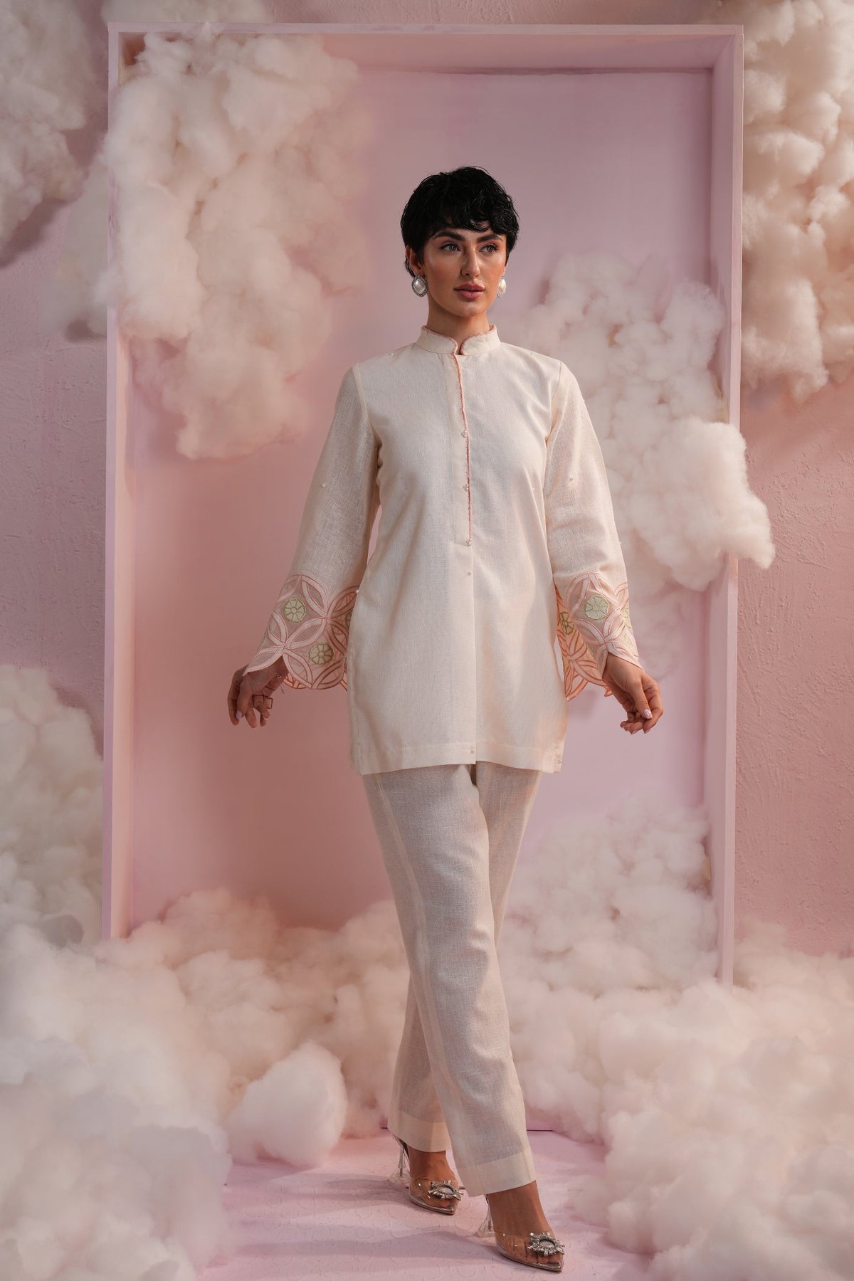 Cream Linen Embroidered Bell Sleeve Co-ord Set