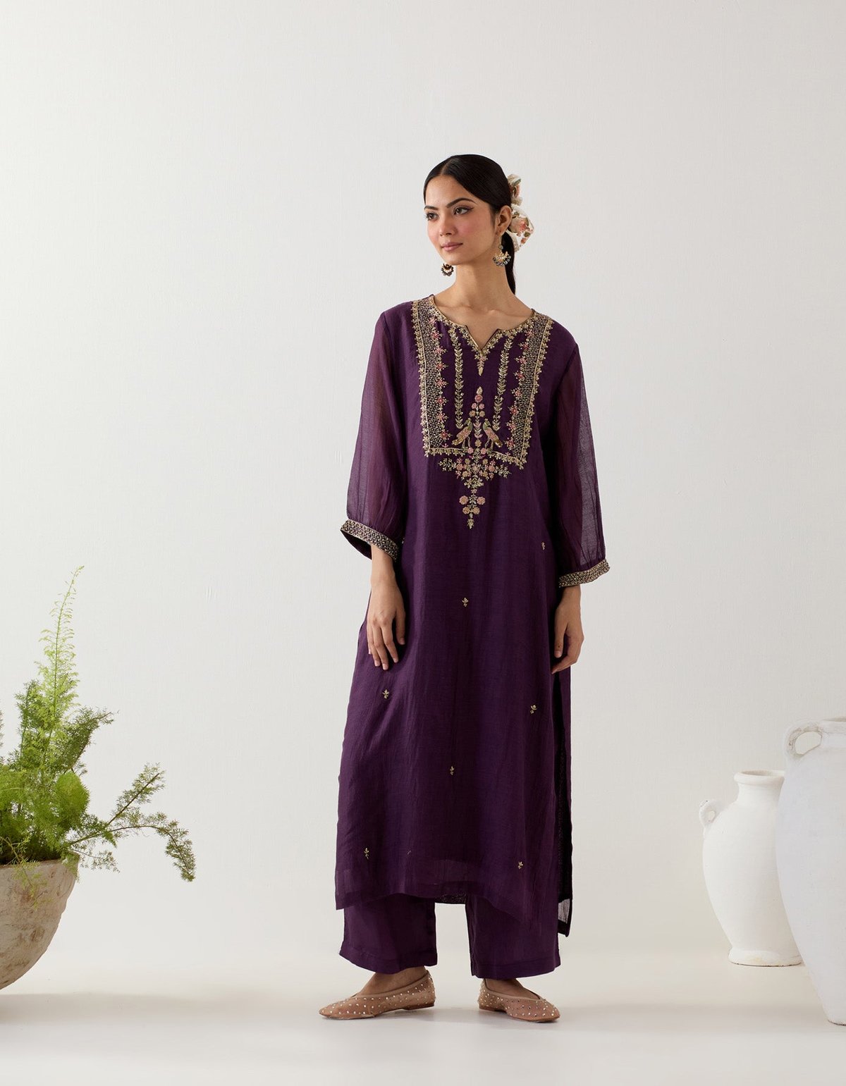 Purple Chanderi Zardozi Embroidered Kurta Set with Pants