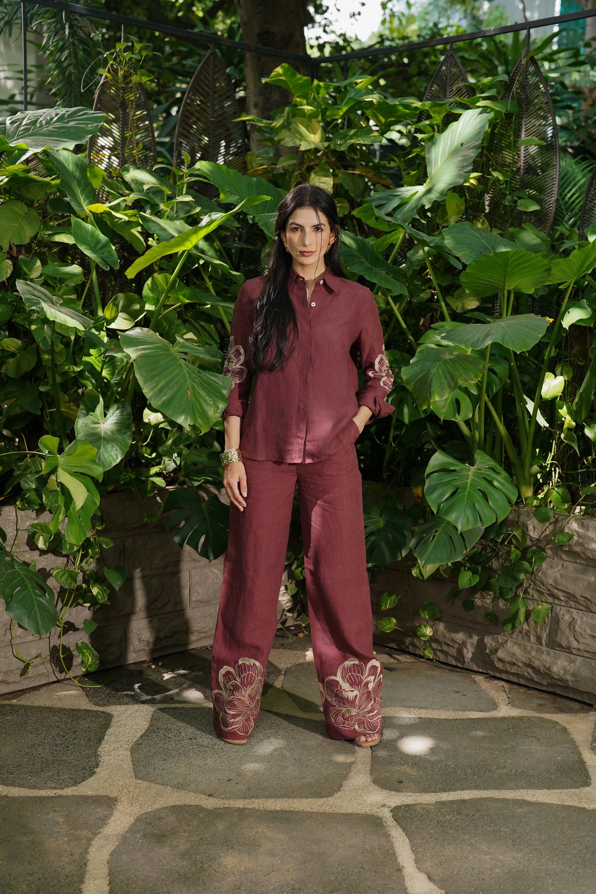 Rosewood High-Rise Wide-Leg Embroidered Trousers