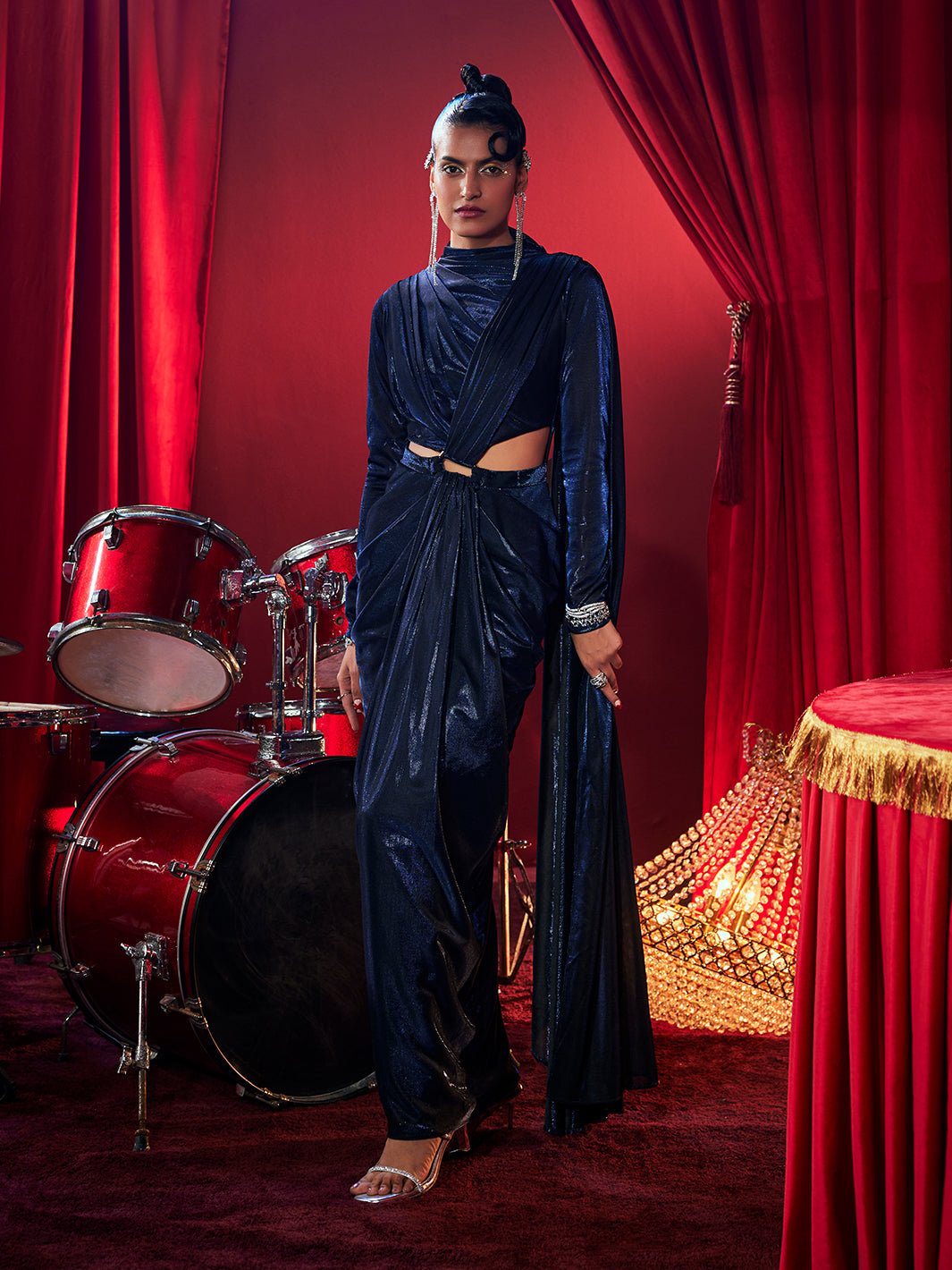 Navy Metallic Cutout Draped Maxi Gown