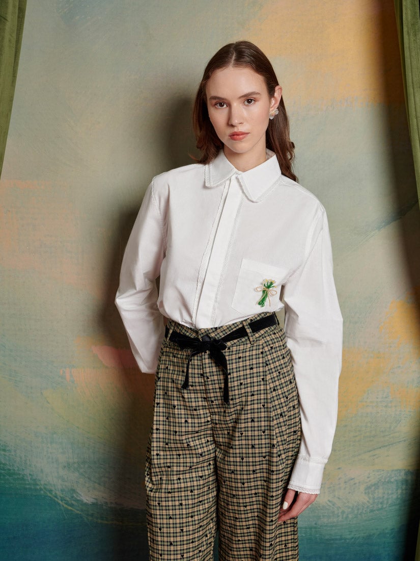 White Button-Down Shirt with Beaded Pocket Detail