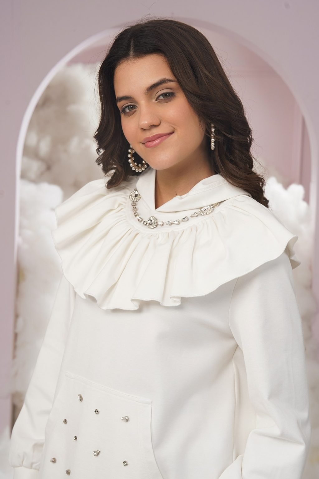 White Ruffle-Yoke Embellished Hoodie Top