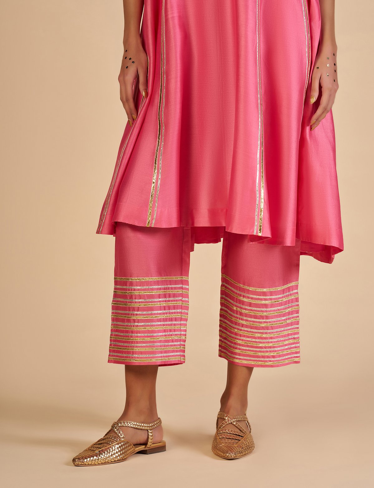 Pink Silk Chanderi Culotte Trousers with Gota Border