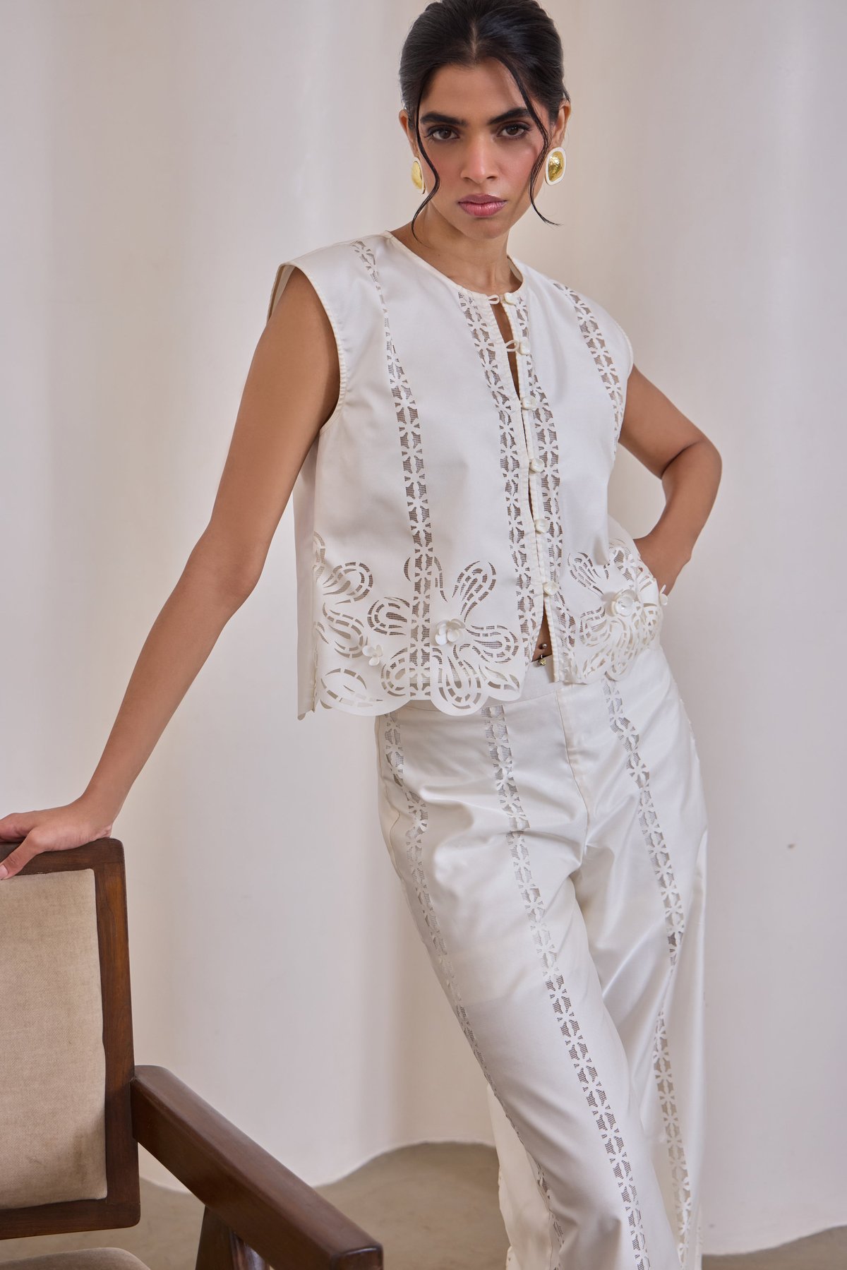 Ivory Cropped Cutwork Button-Front Jacket