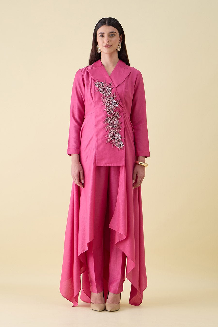 Pink Floral Embroidered Handkerchief Pant Set