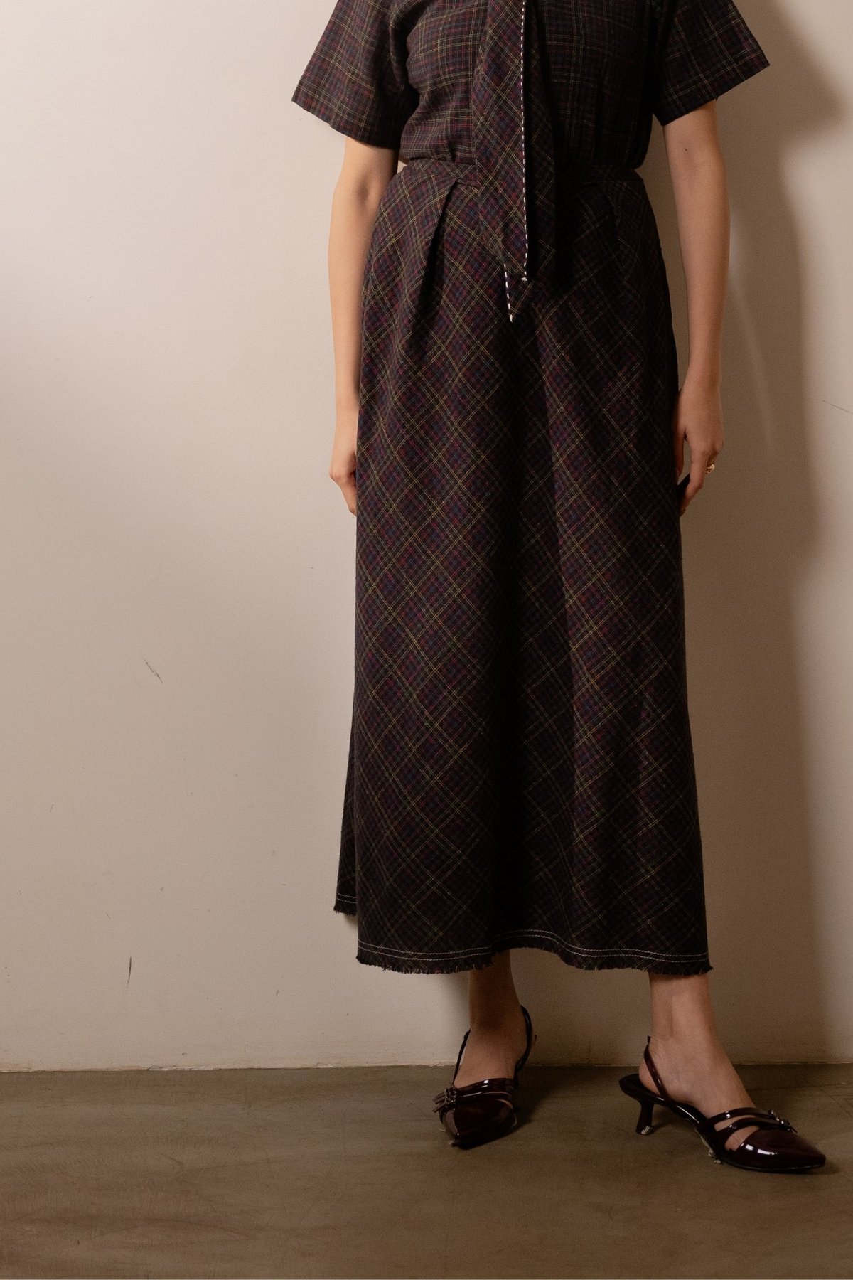 Black Checked A-Line Midi Skirt with Knife Pleats