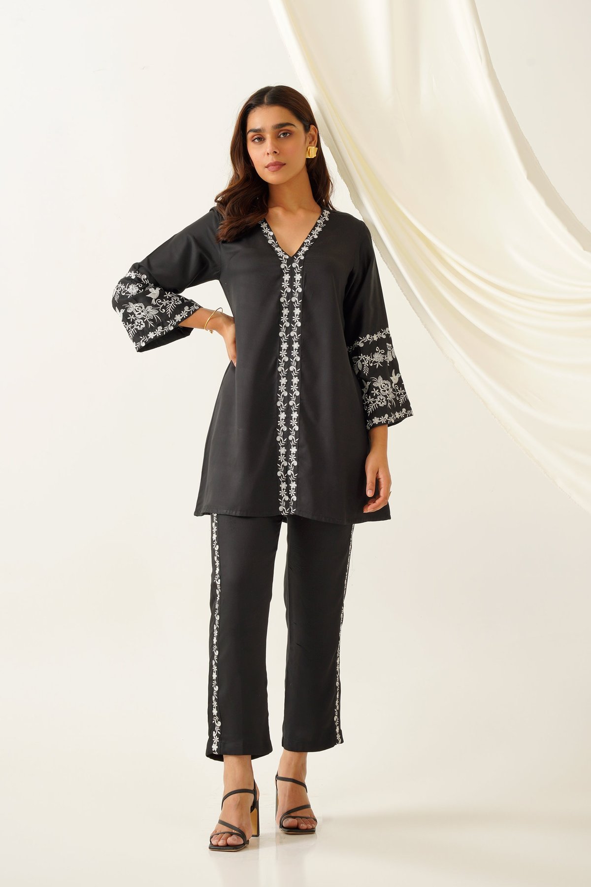 Black Modal Embroidered Tunic and Pants Co-ord Set