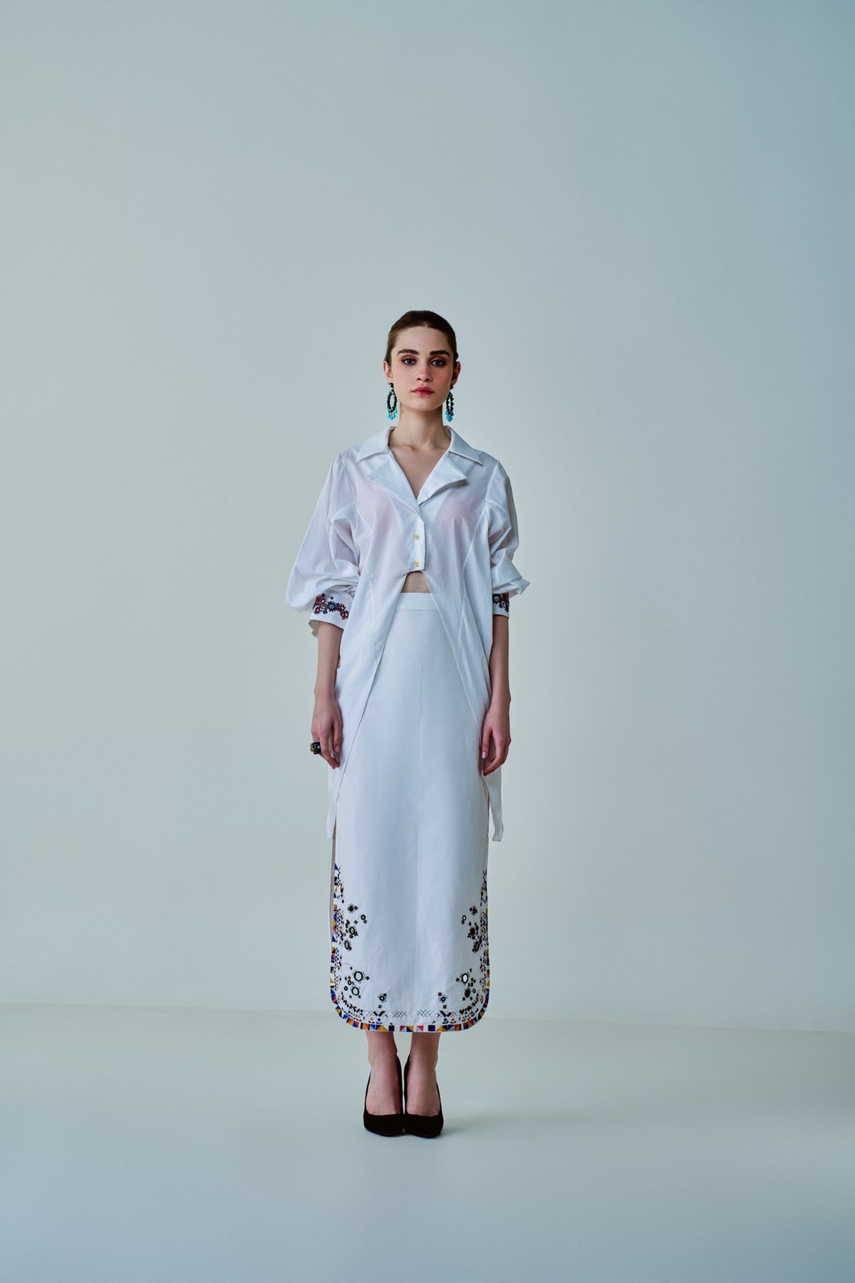 White Poplin Shirt with Mirrorwork Tie-Up Cuffs