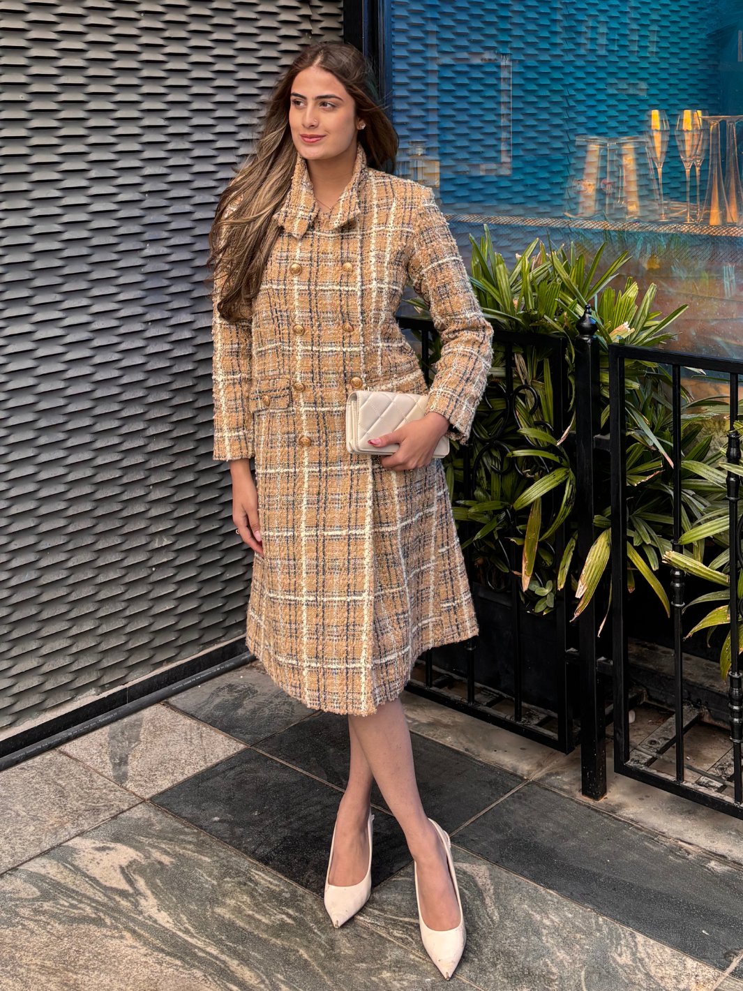 Beige Brown Plaid Tweed Double-Breasted Knee-Length Coat