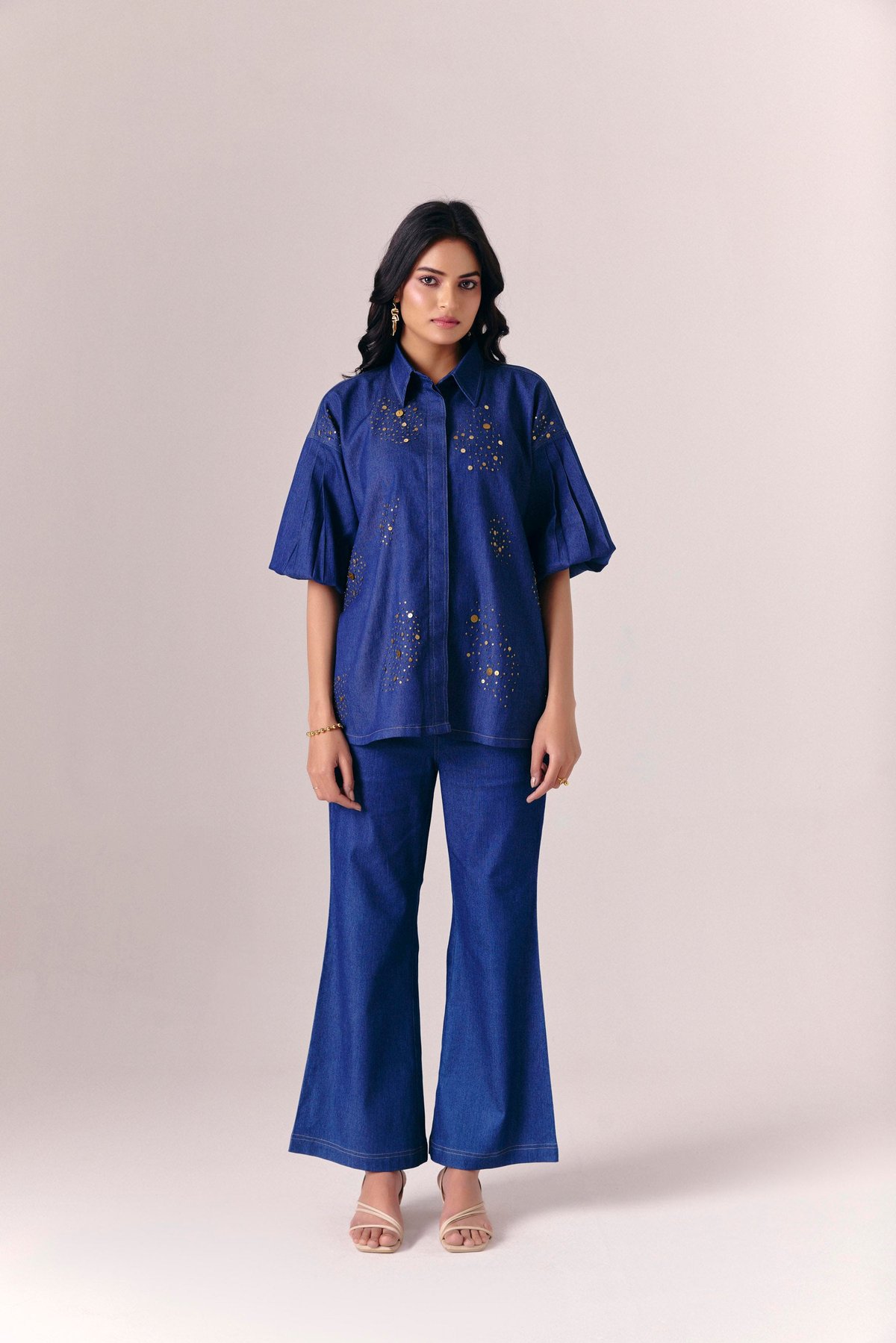 Dark Blue Denim Shirt and Wide-Leg Pants Co-ord Set