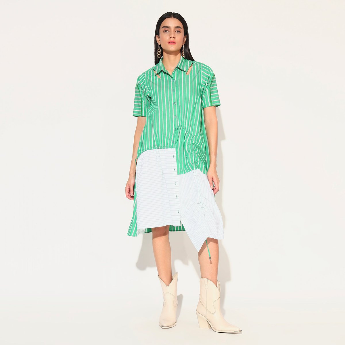 Green Striped Colorblock Cotton Shirtdress