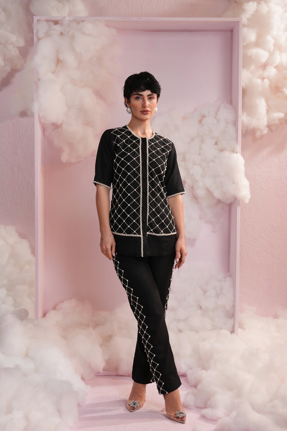 Black Pearl Lattice Shirt and Trouser Co-ord Set