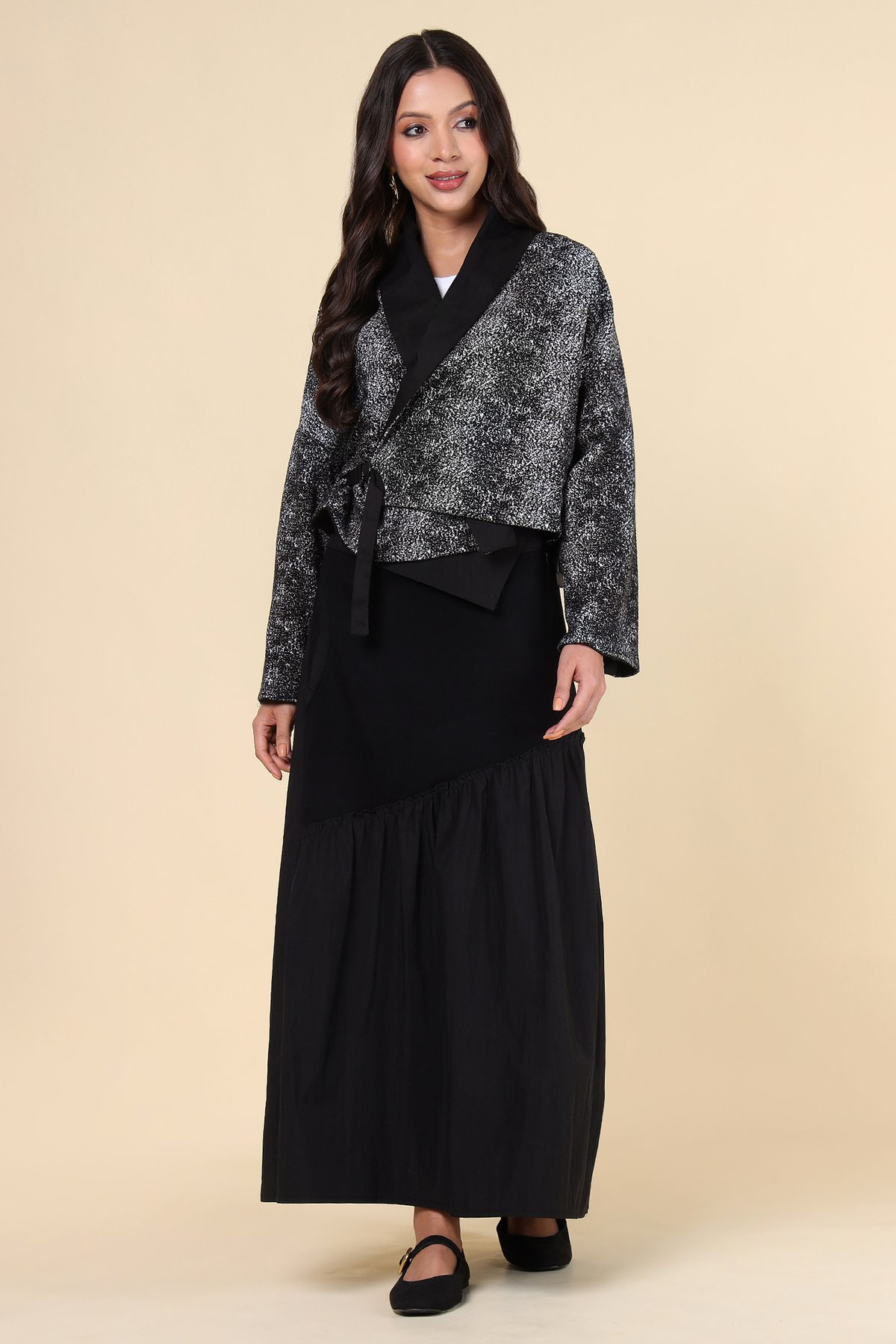 Black/Grey Cropped Wrap Jacket with Lapel Collar