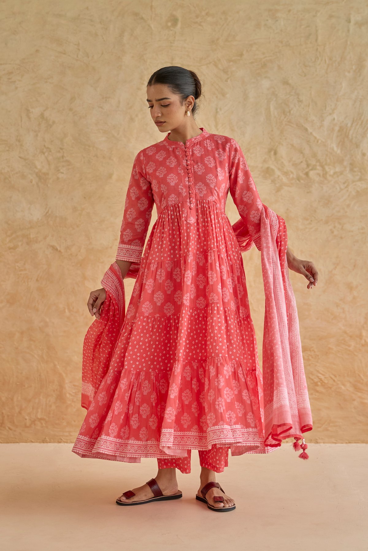 Cotton Gud Buti Layers Kurta Set in Coral Pink