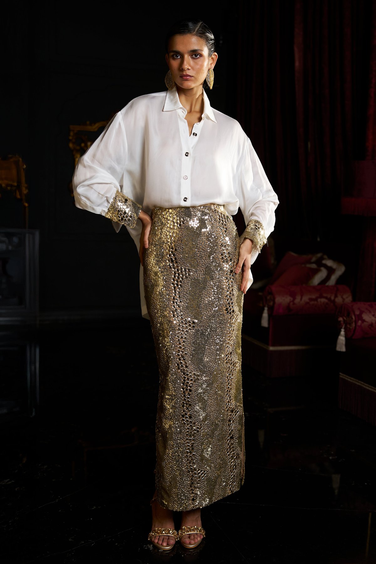 White Shirt and Gold Sequin Maxi Skirt Co-ord Set