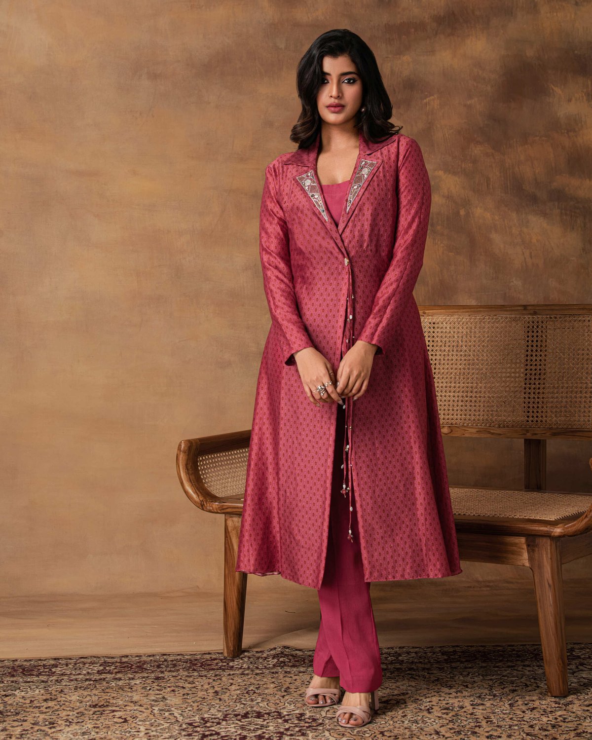 Gul Pink Printed Booti Chanderi Jacket Style Kurta Set
