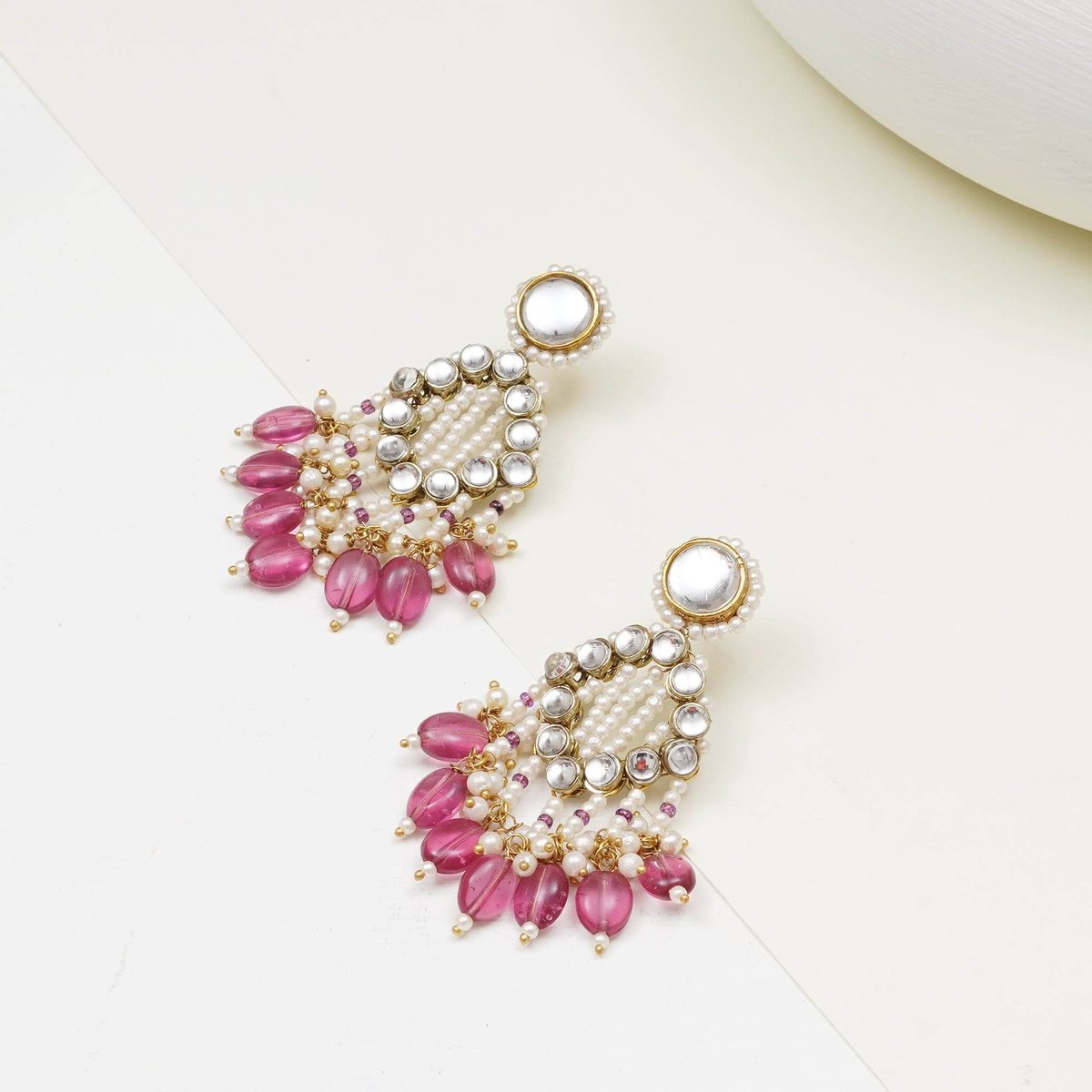 Pink Drop Kundan & Pearl Earrings
