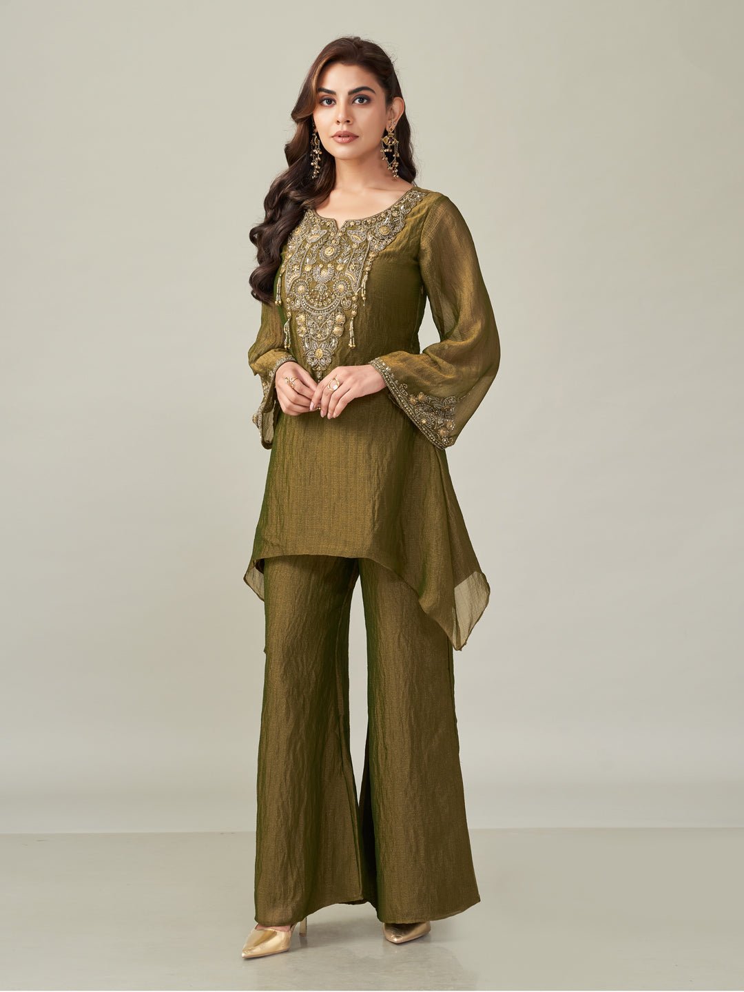 Rich Olive Green Shimmer Chiffon Embroidered Co-ord Set