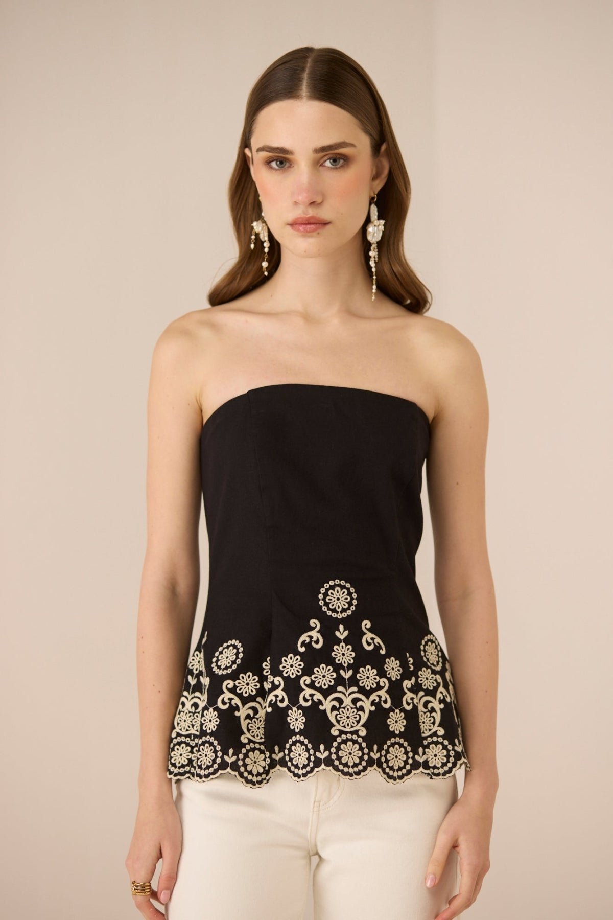 Black Embroidered Tube Top with Scalloped Hem