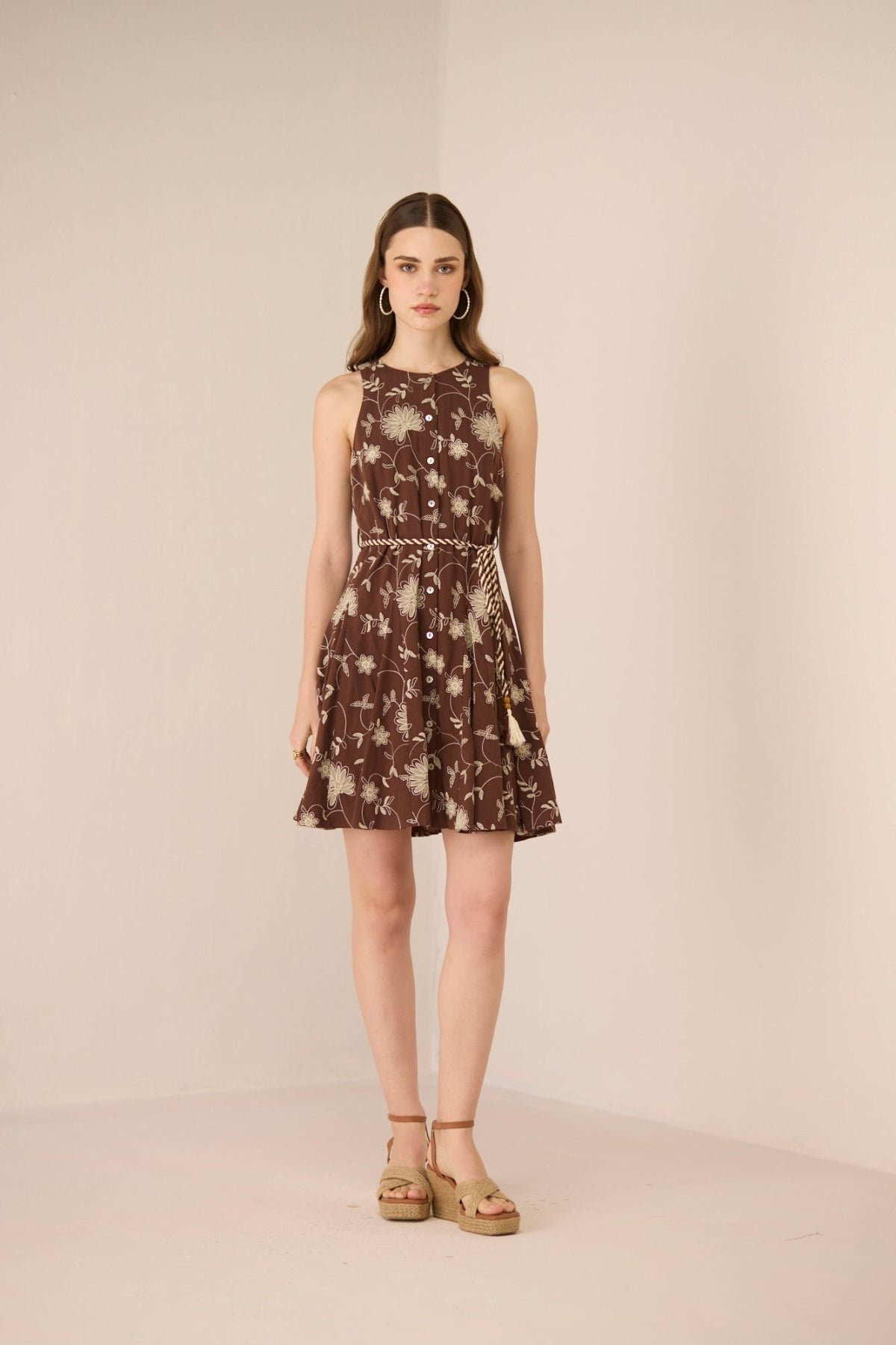 Pecan Pie Cotton Linen Embroidered Fit and Flare Mini Dress