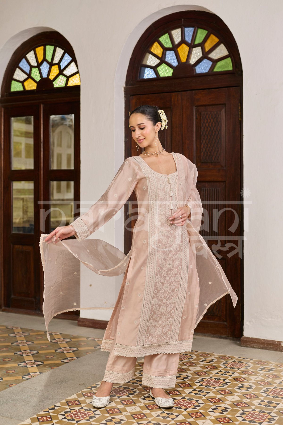 Vira - Powder Peach Chanderi Suit Set