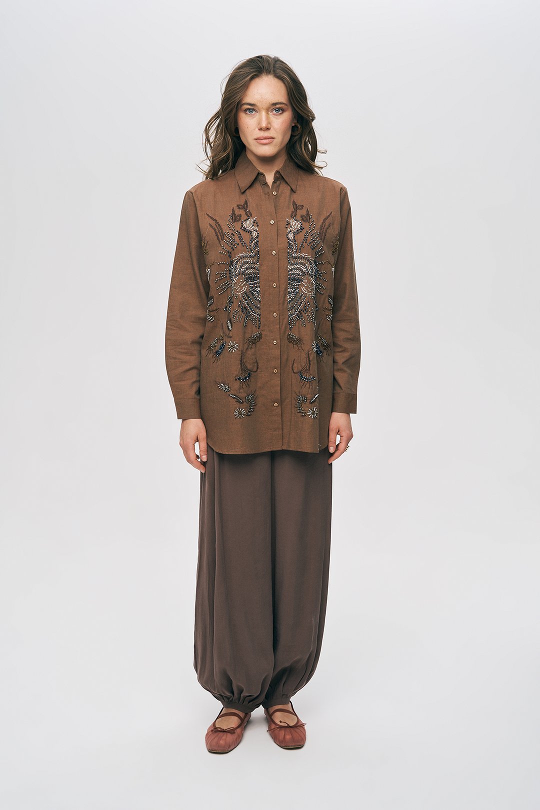 Brown Embellished Longline Button-Down Shirt