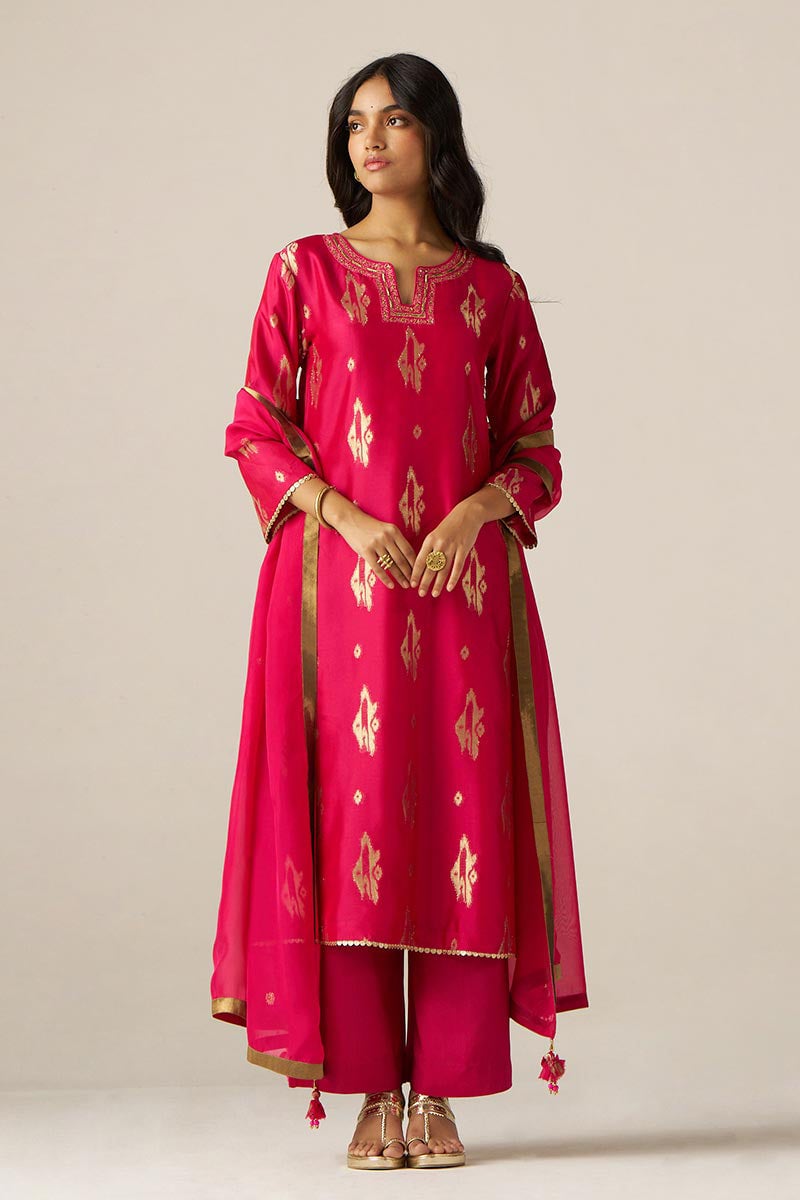 Rani Pink Zari Woven Silk Straight Kurta Set with Dupatta