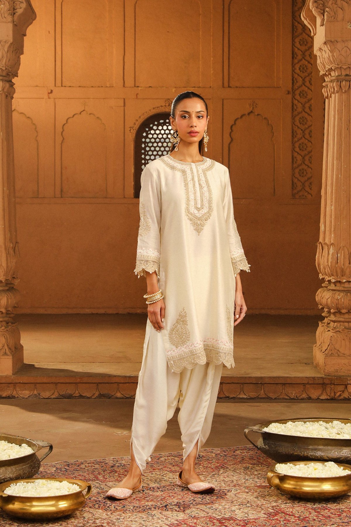Daisy Ivory Embroidered Straight Kurta and Dhoti Set