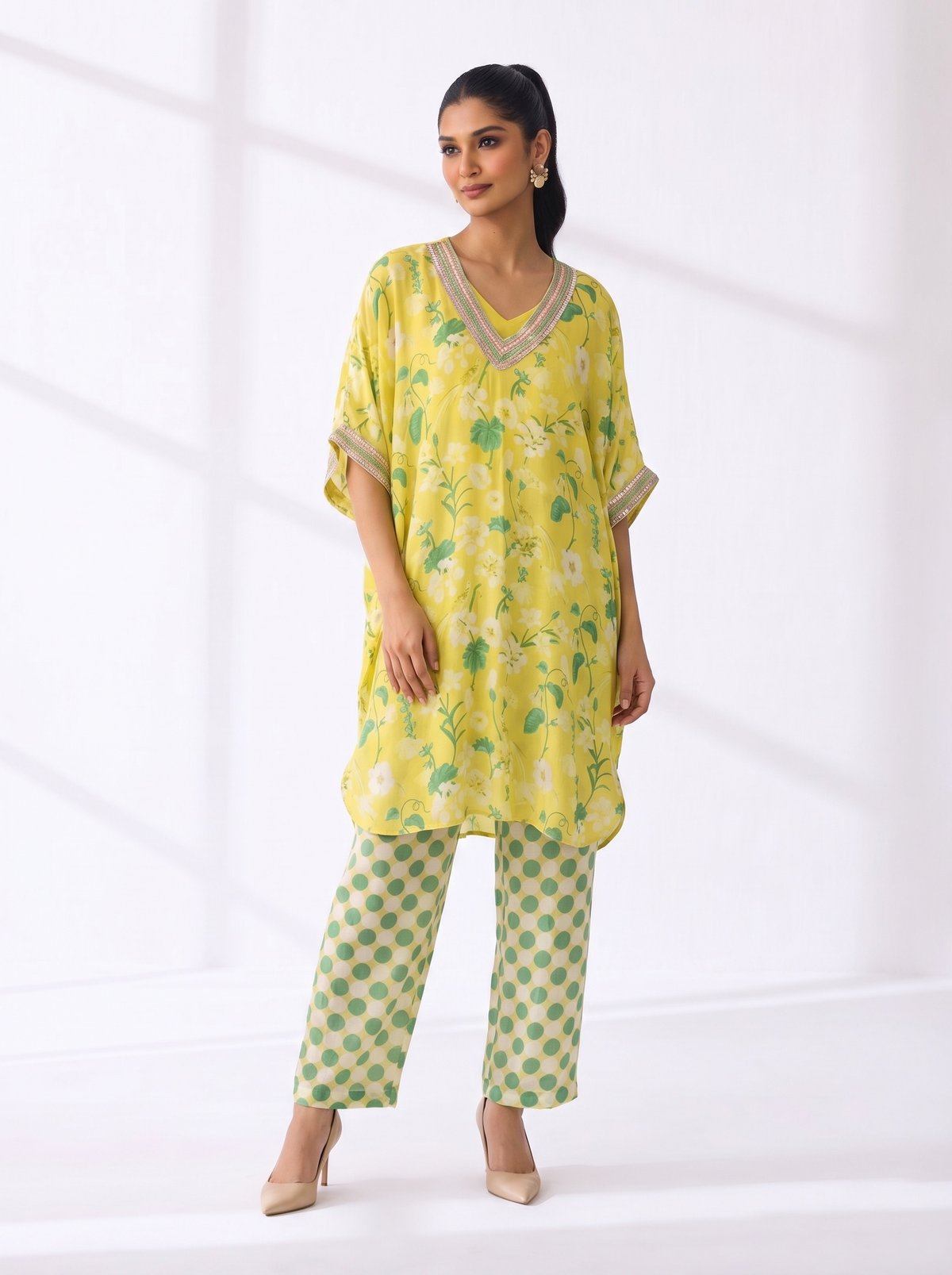 Lemon Bloosm Bird & Floral Kaftan With Abstract Print Pants