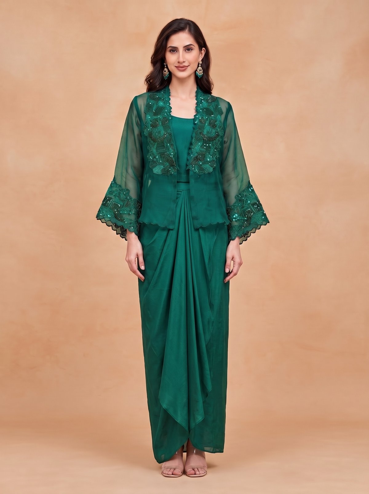 Emb Statement Collar Jacket with Drape Skirt and Inner