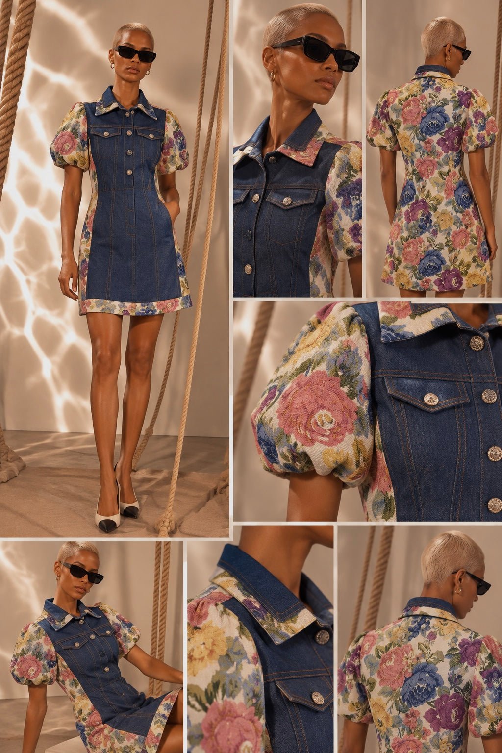 Rihana denim panel and jacquard dress