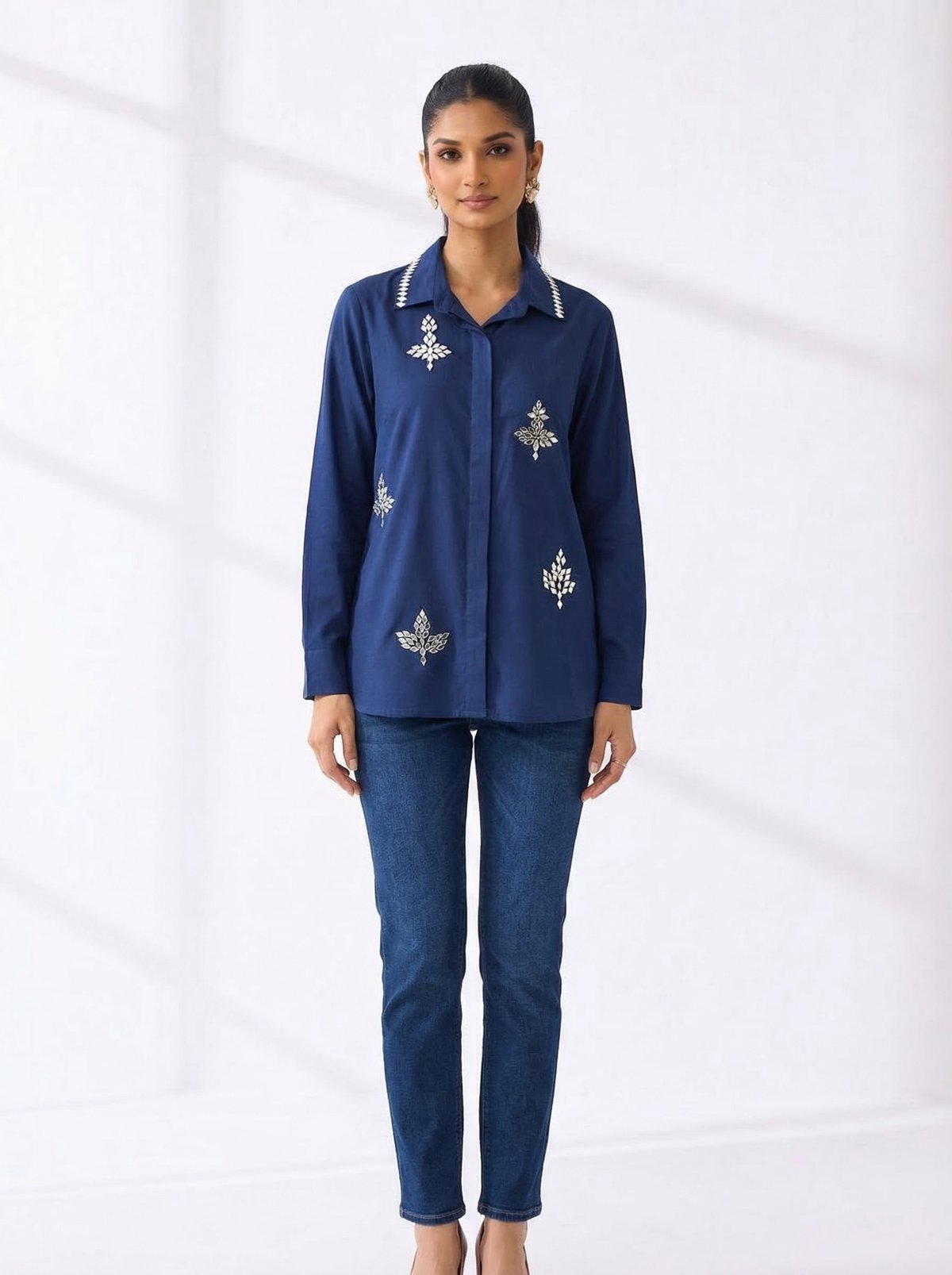 Blue Rayon Crepe Embroidered Button-Down Shirt Top