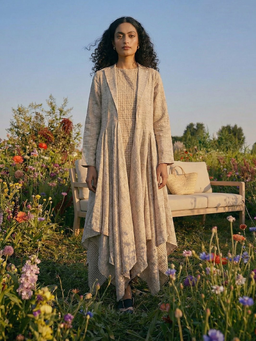 Oatmeal Beige Checked Midi Dress and Cape Set
