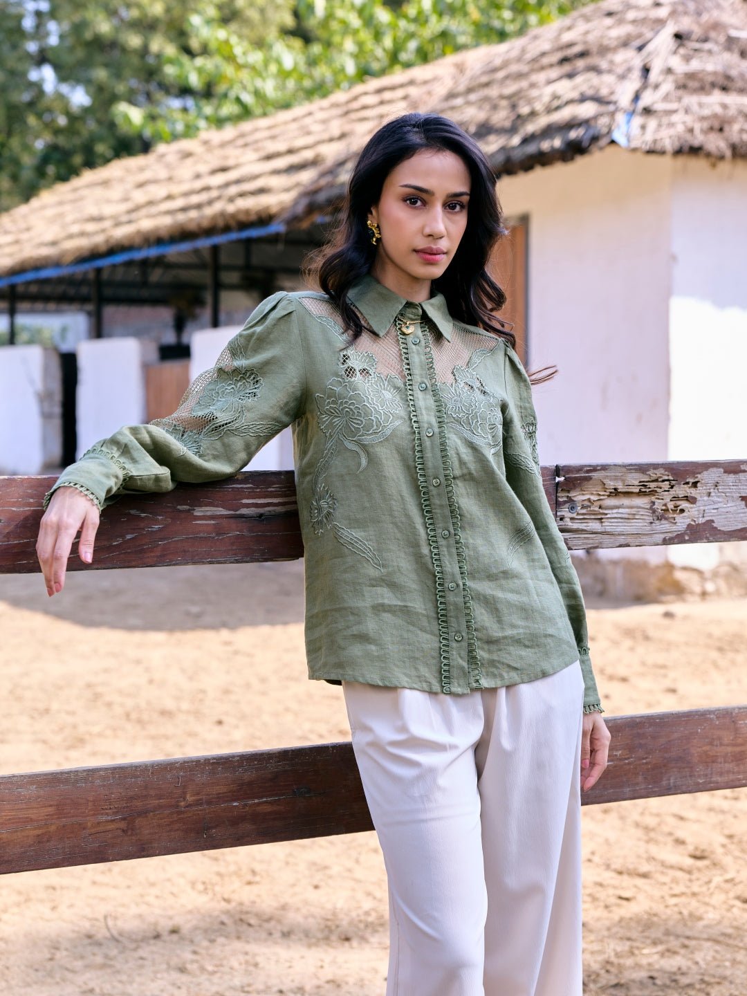 Green Linen Shirt with Sheer Lace Yoke and Sleeves