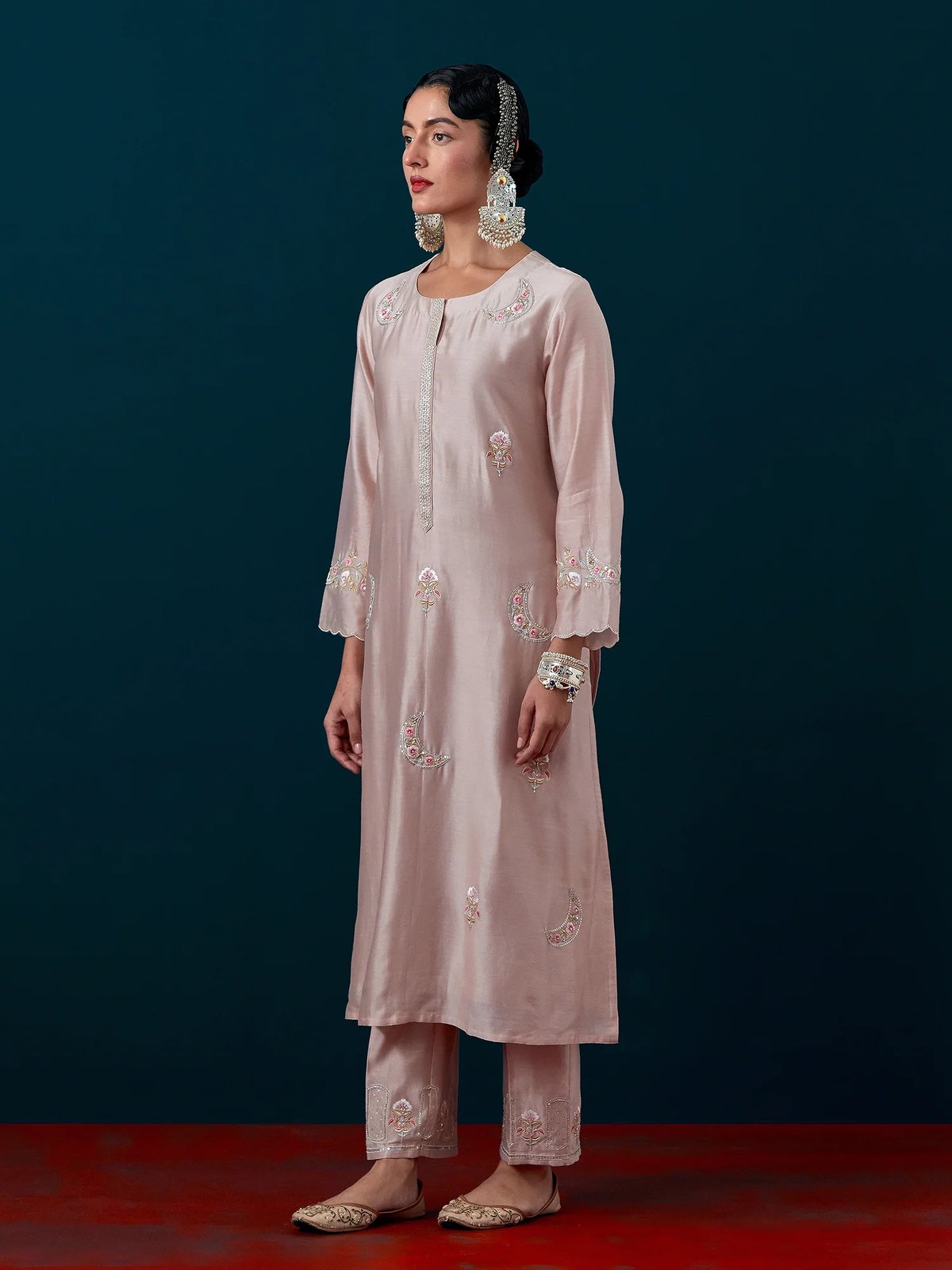 Old Rose Silk Chanderi Embroidered Kurta Set with Pants