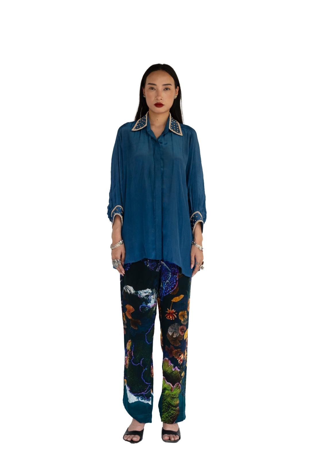Midnight Blue Silk Shirt and Printed Pants Co-ord Set