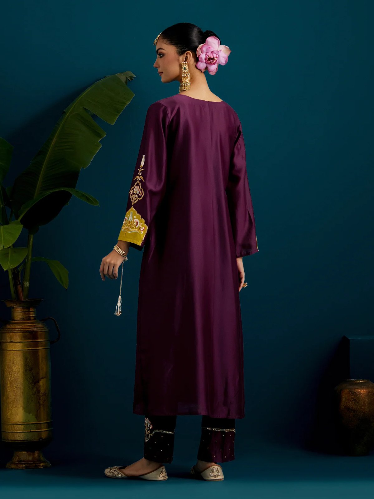 Purple Silk Chanderi Yoke-Embroidered Straight Kurta