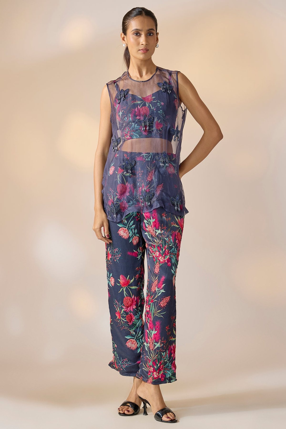 Navy Floral 3-Piece Co-ord Set with Sheer Overlay