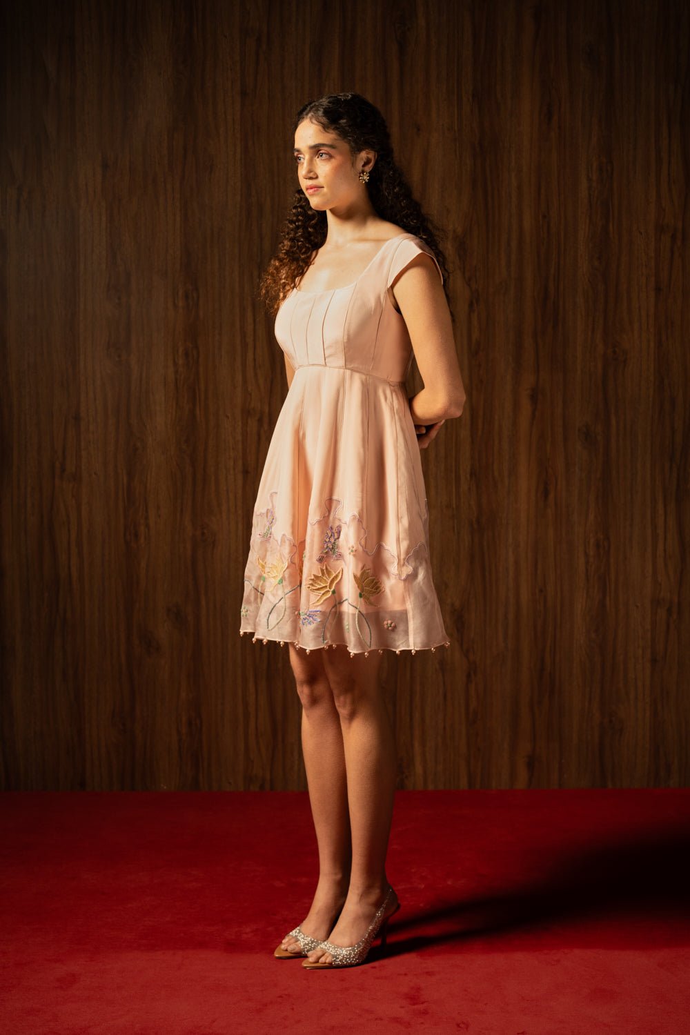 Misty Rose Pink A-Line Mini Dress with Embroidered Hem
