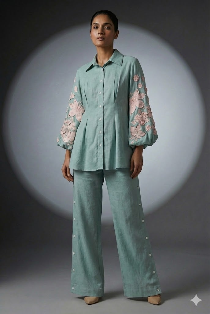 Sea Blue Linen Shirt and Wide-Leg Pants Co-ord Set