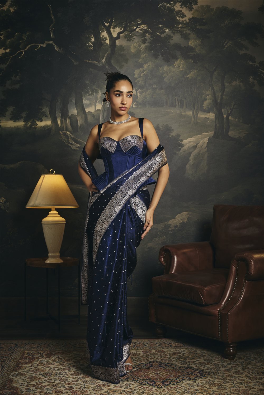 Zaria Midnight Blue Mashru Silk Corset Saree Set