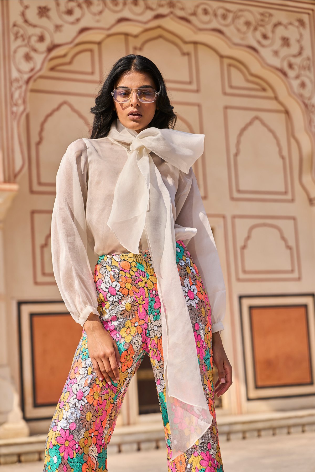 White Tie-Neck Bow Shirt with Bishop Sleeves