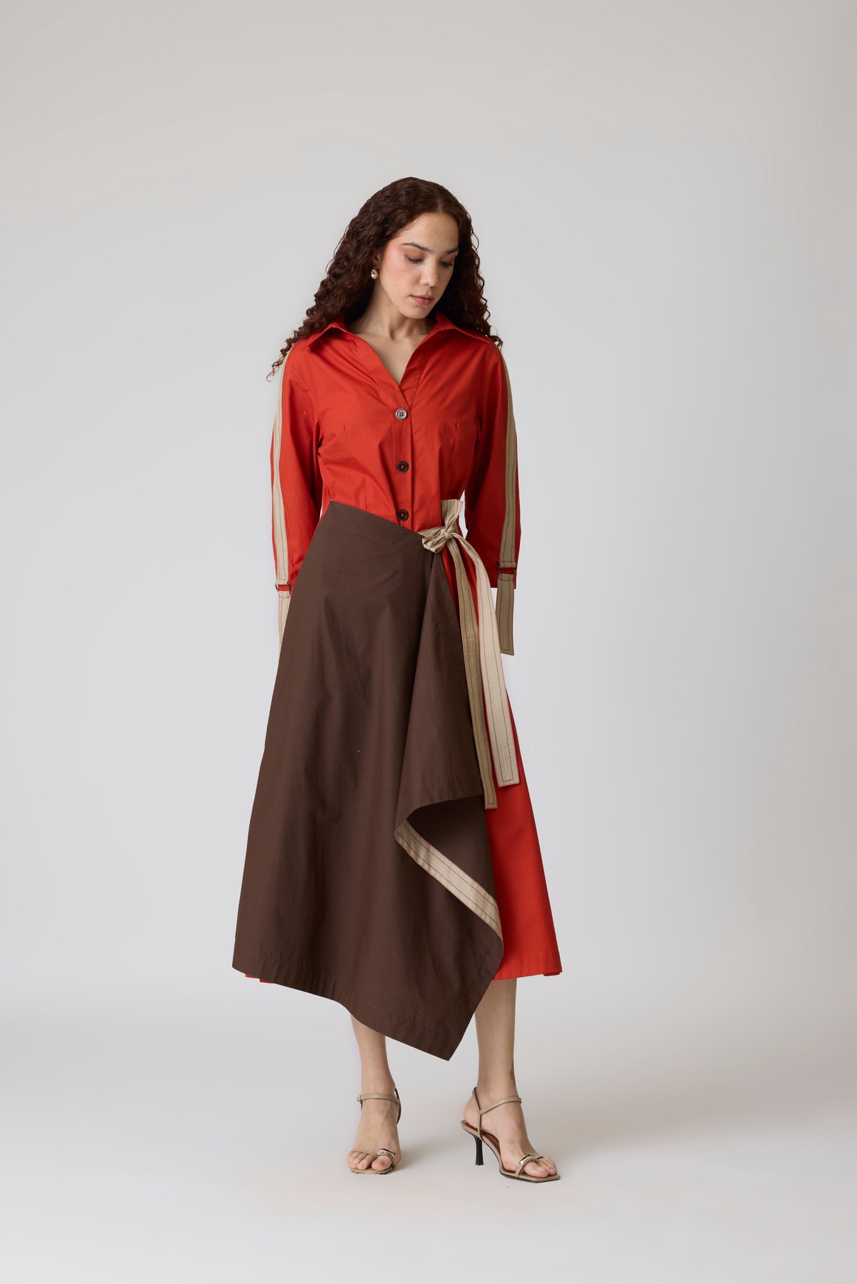 Burnt Orange Colorblock Drape Midi Shirt Dress