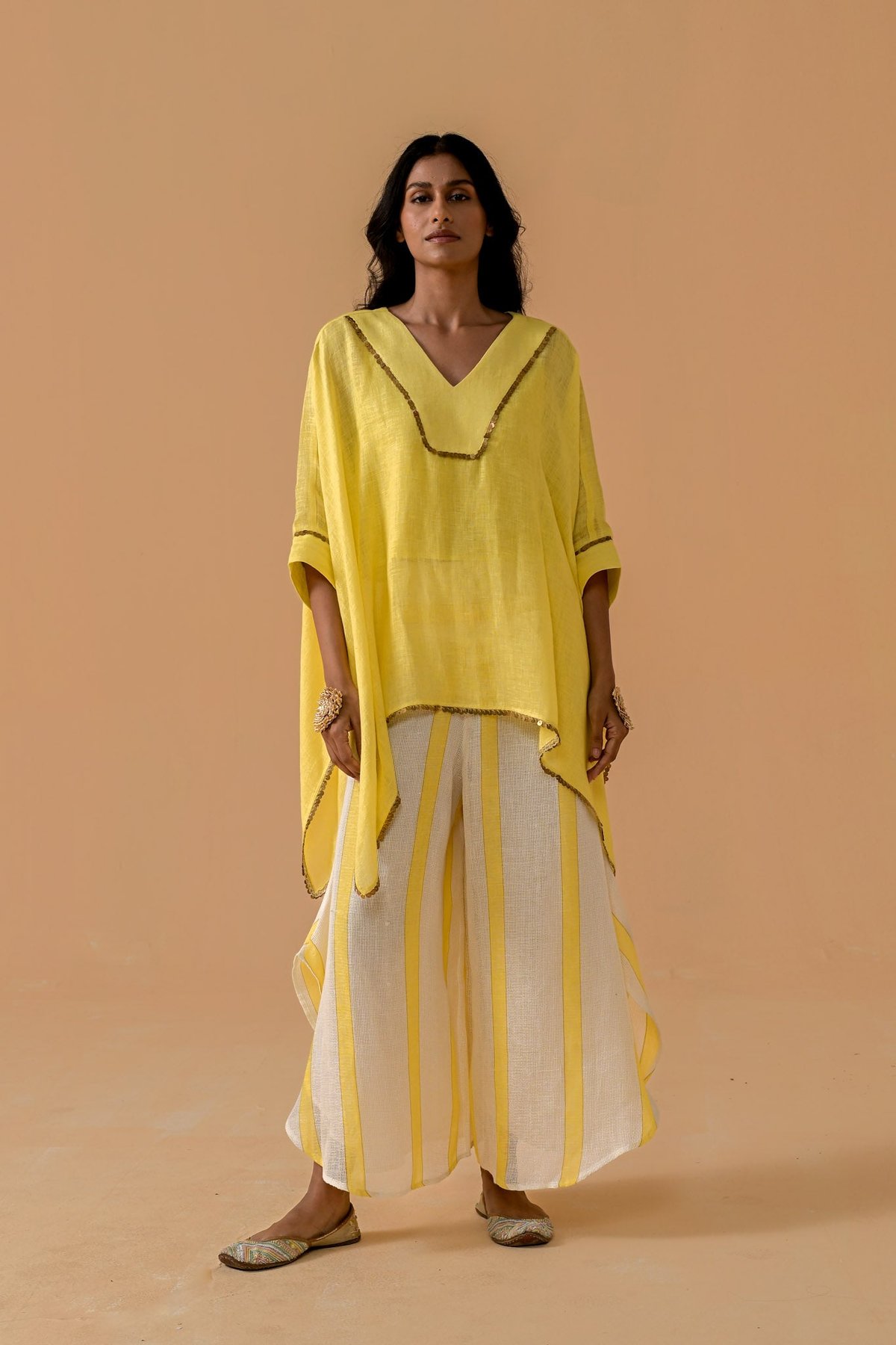Light Yellow Gauze Linen Cape with Gota Trim