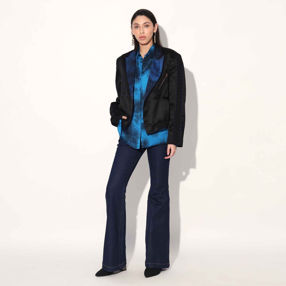 Blue Tie-Dye Balloon Sleeve Satin Shirt